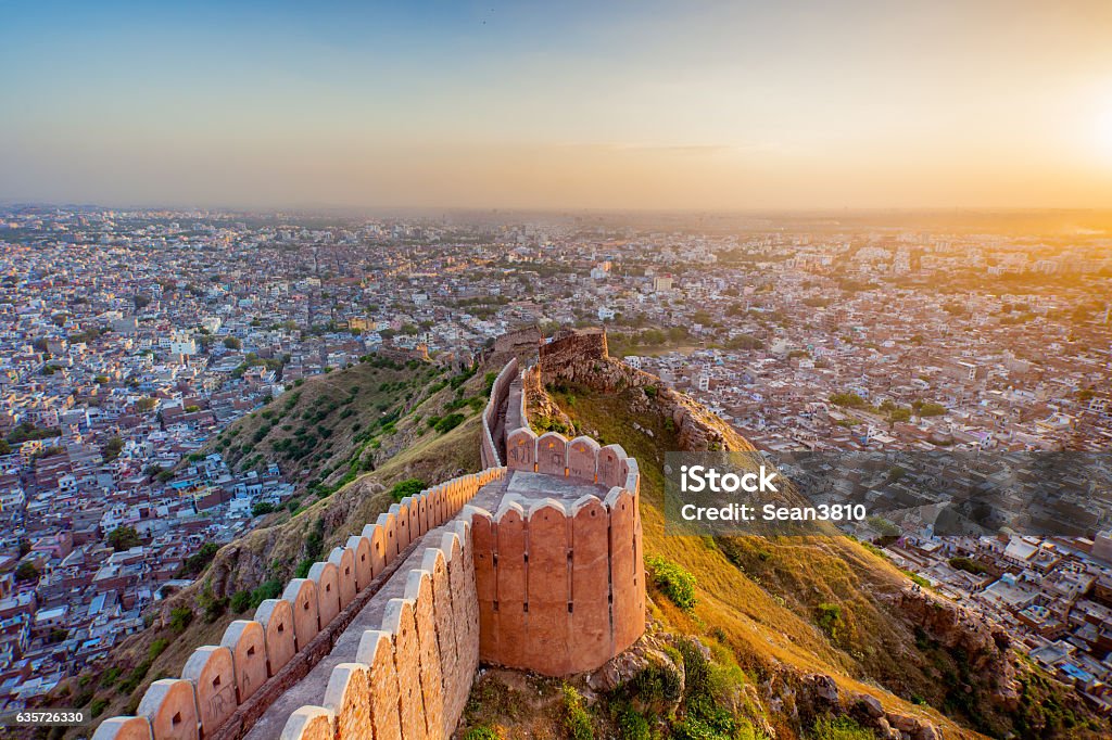 Nahargarh Fort Aerial view of Jaipur from Nahargarh Fort at sunset Jaipur Stock Photo