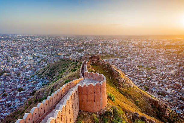 Nahargarh Fort Aerial view of Jaipur from Nahargarh Fort at sunset jaipur photos stock pictures, royalty-free photos & images