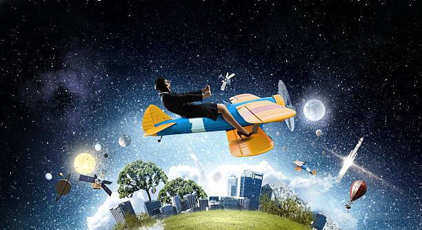 istock Woman in drawn airplane . Mixed media 635727820