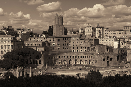 Rome rooftop view with ancient architecture in Italy in monochrome.