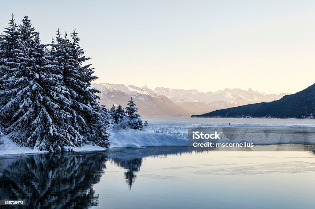 Chilkoot Inlet in Winter Chilkoot Inlet near Haines Alaska at sunset with tree reflections in the river. Alaska - US State Stock Photo