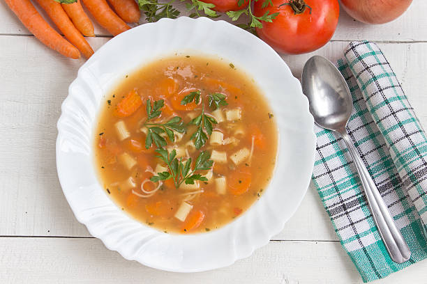 istock Minestrone soup in plate on white wooden table 635743490