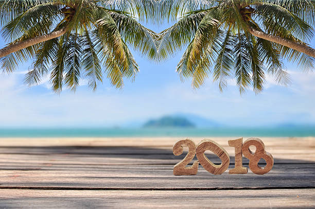 istock Wood number 2018 on planks on tropical beach background 635752958