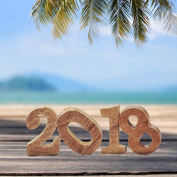 istock Wood number 2018 on planks on tropical beach background 635752998
