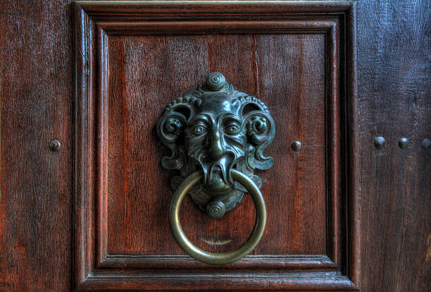 vintage metall türklopfen auf eine braune holztür - door knocker door lion luxury stock-fotos und bilder