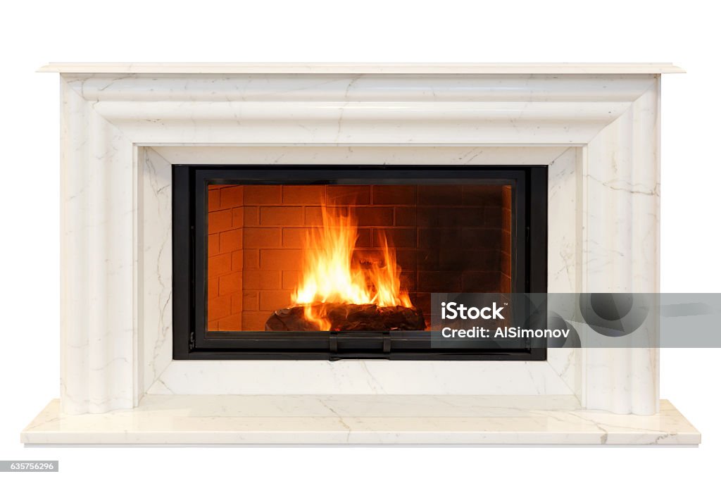 classic fireplace of white Italian marble. Isolated on white Fireplace Stock Photo