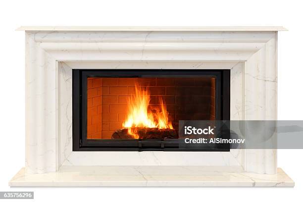 Classic Fireplace Of White Italian Marble Isolated On White Stock Photo - Download Image Now