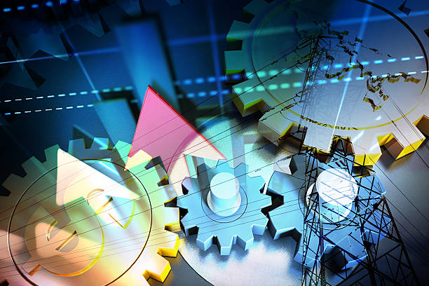 istock Successful arrows and currency gears, high-voltage wires 635758742