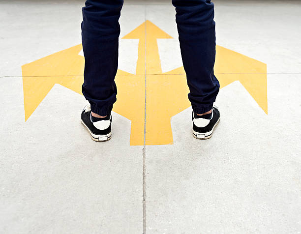 istock Feet and three arrows painted on floor 635763720