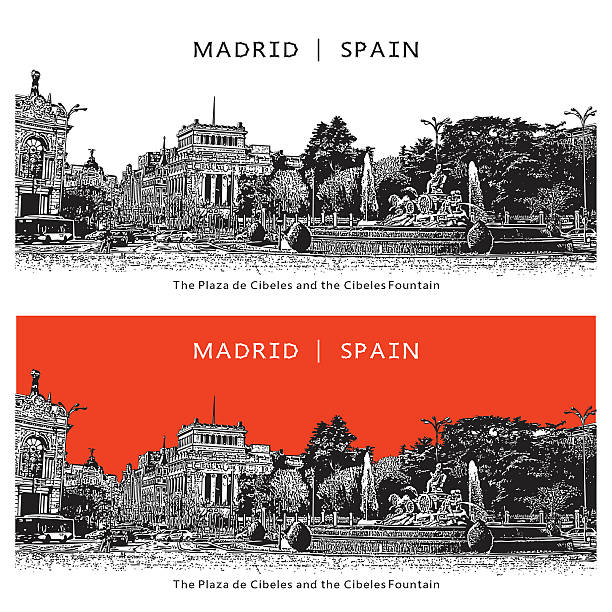 illustrations, cliparts, dessins animés et icônes de lieu célèbre de madrid, espagne. la plaza de cibeles - madrid plaza de la cibeles spain panoramic