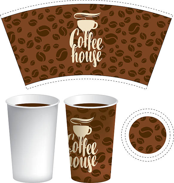 template of paper cup for hot drink template of paper cup for hot drink with the background of coffee beans coffee cup coffee hot chocolate coffee bean stock illustrations