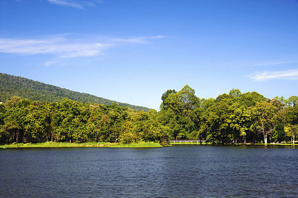 istock Reservoir under blue sky with a mountain backdrop 635771404