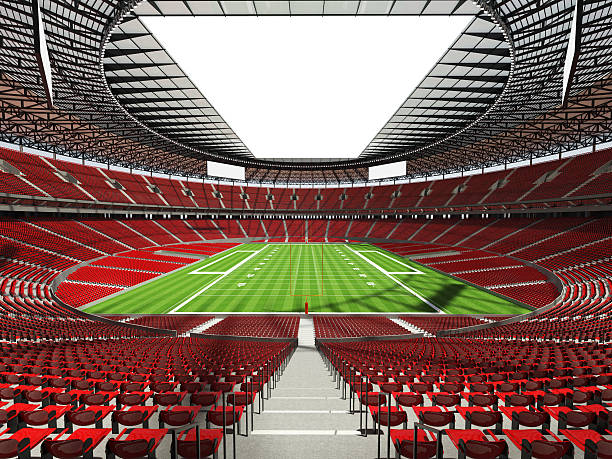 istock Round football stadium with read seats and open roof 635771804