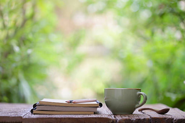 istock Notebook with pencil and vintage tea cup on wooden table 635772132