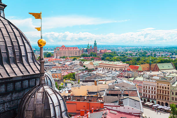 View of Wawel Castle from Church St. Mary in the Panoramic view of the city of Krakow and the Wawel Castle from tower of the church of St. Mary on the main market square. Poland. Aerial view wawel cathedral stock pictures, royalty-free photos & images