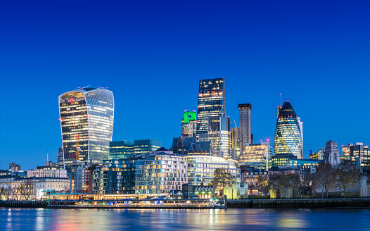 City of London downtown financial area skyline at twilight, United Kingdom