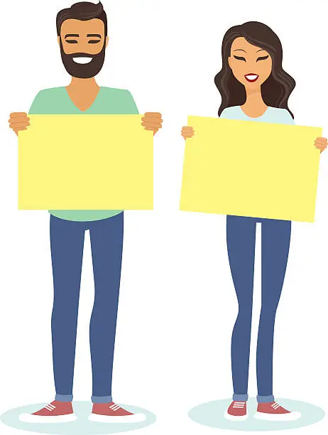 Vector illustration of Young couple holding blank ards