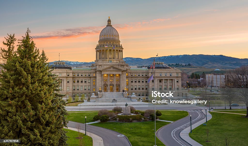 Idaho state capital in the early morning Front view of the Capital of Idaho in monring Boise Stock Photo