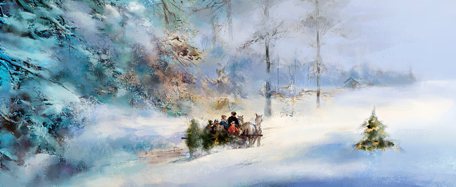 illustrated joyful anticipation of Advent and Christmas, horses pulling family on sleigh carrying Christmas tree through deeply snow covered winter forest