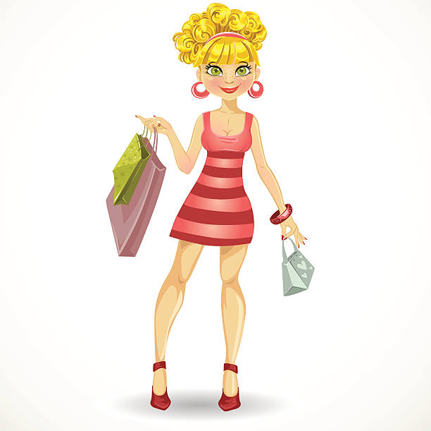 красивая блондинка девушка с сумками в розовом платье - earring customer retail shopping stock illustrations