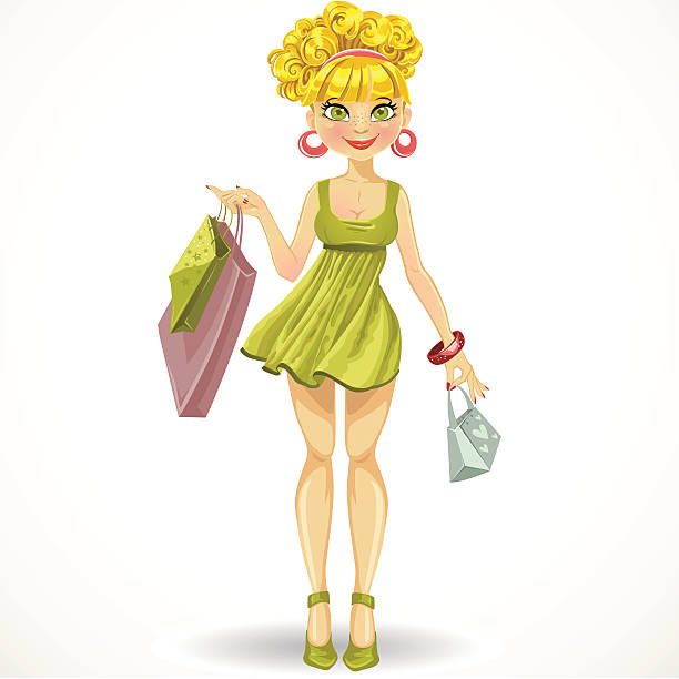 красивая блондинка девушка с сумками в зеленом платье - earring customer retail shopping stock illustrations