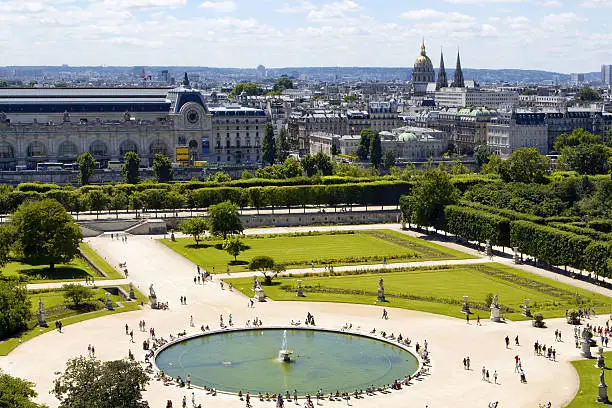 Aerial view of Jardin Des Tuileries and Paris cityscape. Expansive, 17th-century formal garden dotted with statues, including 18 bronzes by Maillol.