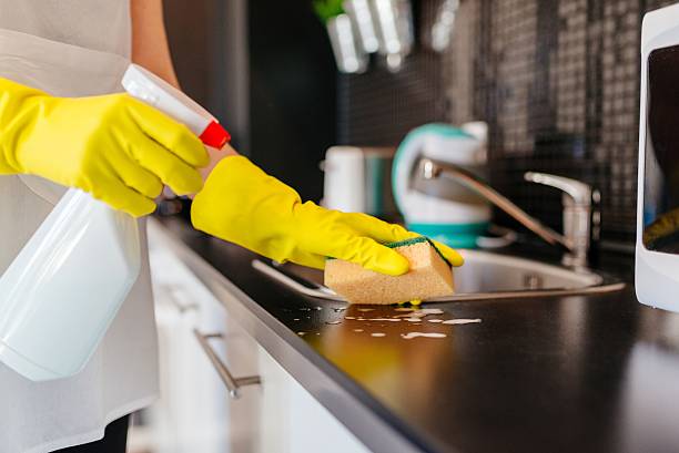 frau reinigung küchenschränke mit schwamm und sprühreiniger - lifestyles domestic kitchen human hand furniture stock-fotos und bilder