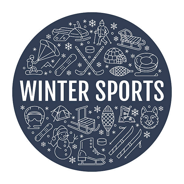 illustrazioni stock, clip art, cartoni animati e icone di tendenza di striscione per gli sport invernali, noleggio attrezzature presso la stazione sciistica. linea vettoriale - snowmobiling silhouette vector sport