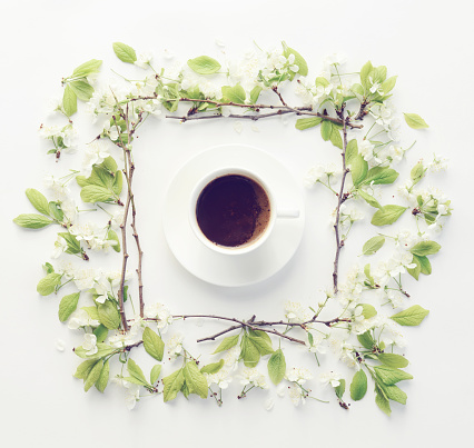 Flower and coffee, composition flatlay