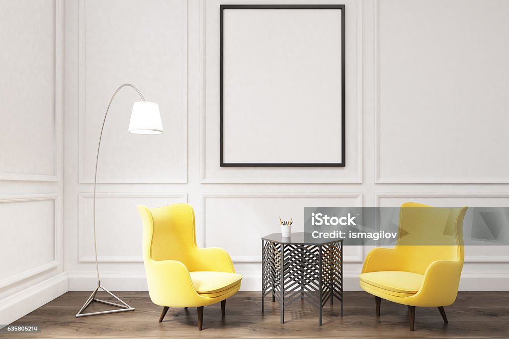 Interior of a living room with framed poster Interior of a living room with framed vertical poster, two yellow armchairs, a lamp and a coffee table. 3d rendering. Mock up Arts Culture and Entertainment Stock Photo