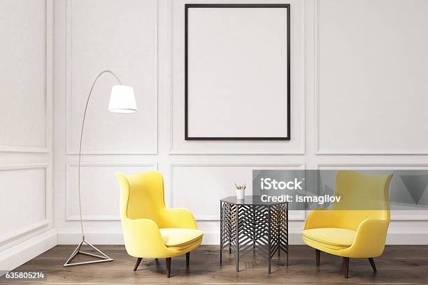 Interior Of A Living Room With Framed Poster Stock Photo - Download Image Now - Arts Culture and Entertainment, Blank, Comfortable