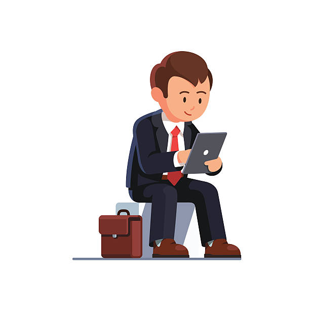ilustraciones, imágenes clip art, dibujos animados e iconos de stock de hombre de negocios sentado usando su computadora tableta - white background looking caucasian one person