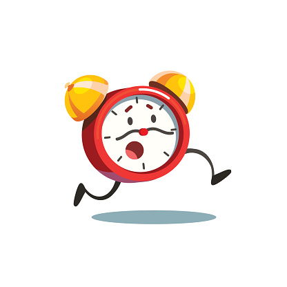 Running animated alive alarm clock with legs and worried face and moustache time arrows. Flat style vector illustration isolated on white background.