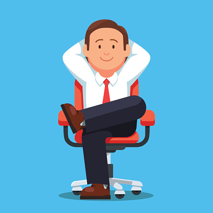 Businessman sitting calmly on a casters chair legs crossed and hands behind head. Business boss man resting in a calm pose. Flat style vector illustration isolated on white background.