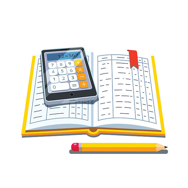 Open accounting book with calculator and pencil Open accounting book or ledger tables with calculator and pencil. Flat style vector illustration isolated on white background. finance clipart stock illustrations