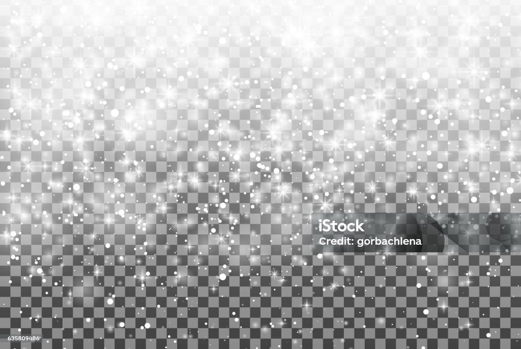 Falling snow over transparent background. glitter snowflake Fall snow. Christmas. Falling snow on a transparent background. Vector illustration 10 EPS. Abstract white glitter snowflake background. Fall of snow. Magic Christmas eve snowfall Transparent Background stock vector