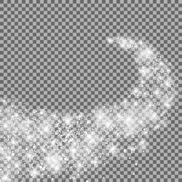Glow abstract falling stars bursts, sparkles. Vector.  Star Trail swirl. Light glow effect abstract falling stars bursts with sparkles isolated on transparent background. White elegant Star Trail or swirl. Meteoroid, Comet, Asteroid, Stars. Vector illustration 10 EPS. Abstract white glitter snowflake background. Magic Christmas eve snowfall star trail stock illustrations