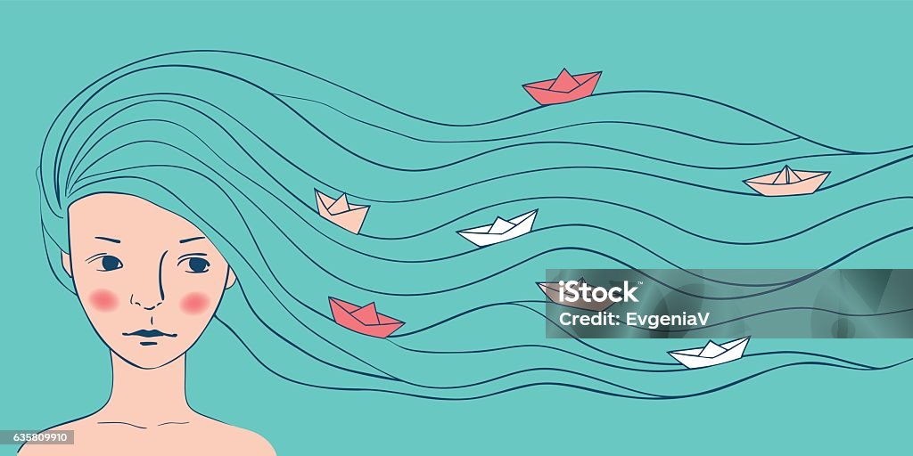 Portrait of girl with long hair Portrait of girl with long hair. Hair turn into waves of the sea. Floating on the water colorful paper boats. Vector illustration about fashion and travel. Women stock vector