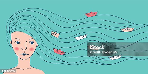 Portrait Of Girl With Long Hair Stock Illustration - Download Image Now - Women, Wind, Vector