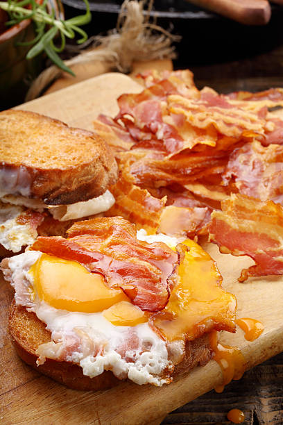 istock Sandwich with fried egg and hot bacon pieces 635810822