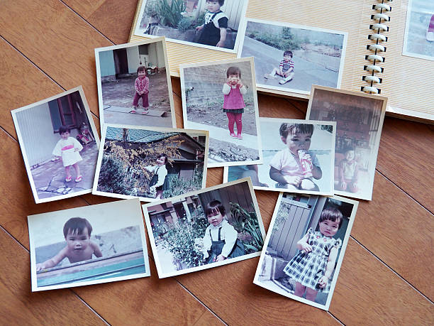 Old pictures, 70's child Old pictures of Japanese girl, 70's child. photograph album stock pictures, royalty-free photos & images