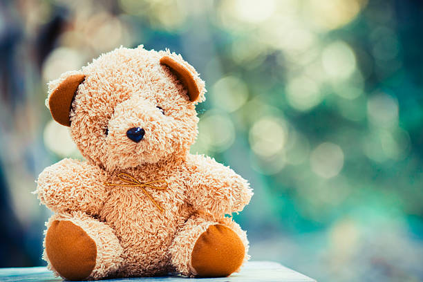 istock Cute teddy bear sitting with bokeh nature background 635820788