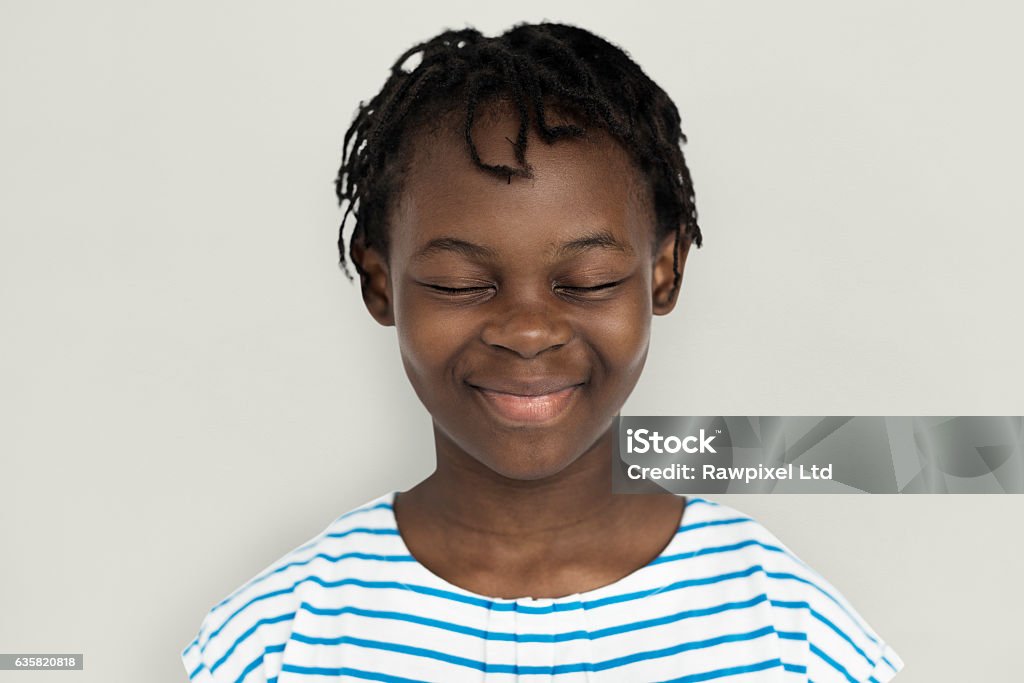 Cheerful Girl Standing Smiling  Concept Eyes Closed Stock Photo