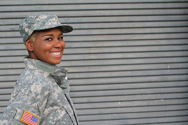 istock Military female smiling with copy space 635822216
