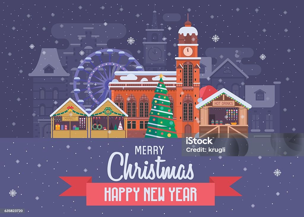 New Year and Christmas Greeting Card Vector Christmas wishing card with traditional celebrating text. Merry Christmas and Happy New Year greetings postcard with festive city background. Winter holidays congratulation template in flat. Christmas Market stock vector