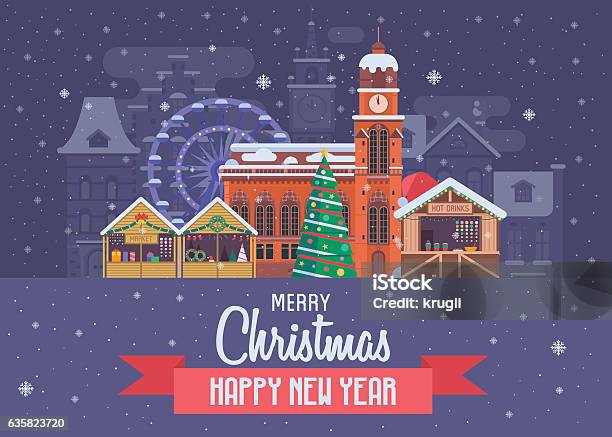 New Year And Christmas Greeting Card Stock Illustration - Download Image Now - Christmas Market, Christmas, Chalet