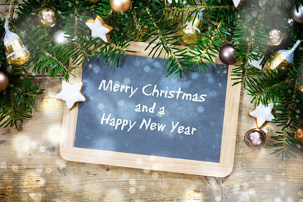 istock Writing board with decoration, text  Merry  Christmas, Happy New Year 635828618