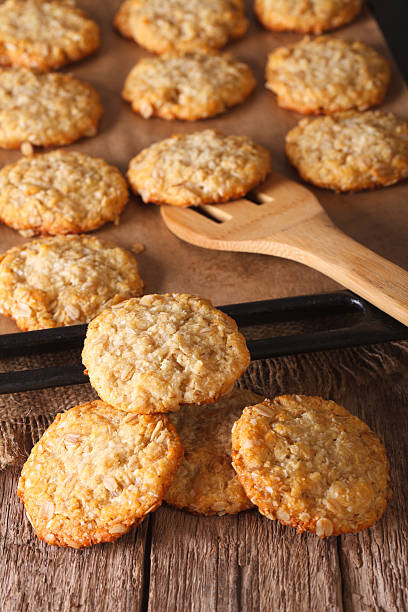 istock Oatmeal cookies close up in baking dish. Vertical 635830210