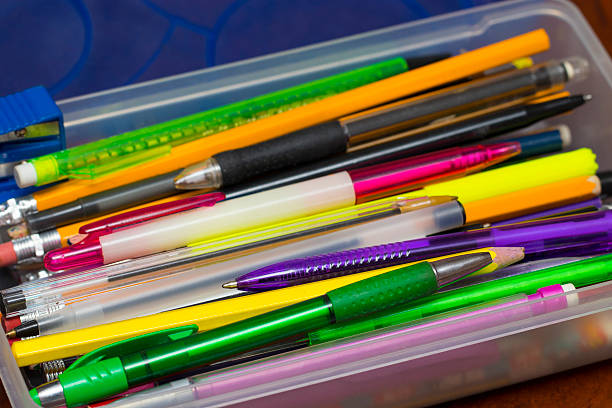 Pencil Box with pens, pencils, felt tip marker pens stock photo