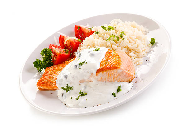 istock Grilled salmon, white rice and vegetables 635832972